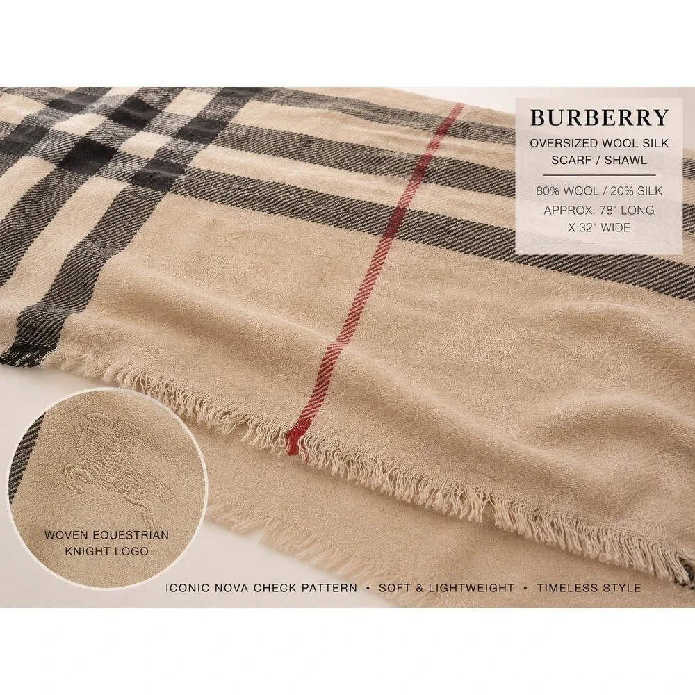 Burberry Nova Check Oversized Wool Silk Scarf Shawl 80% Wool 20% Silk Italy
